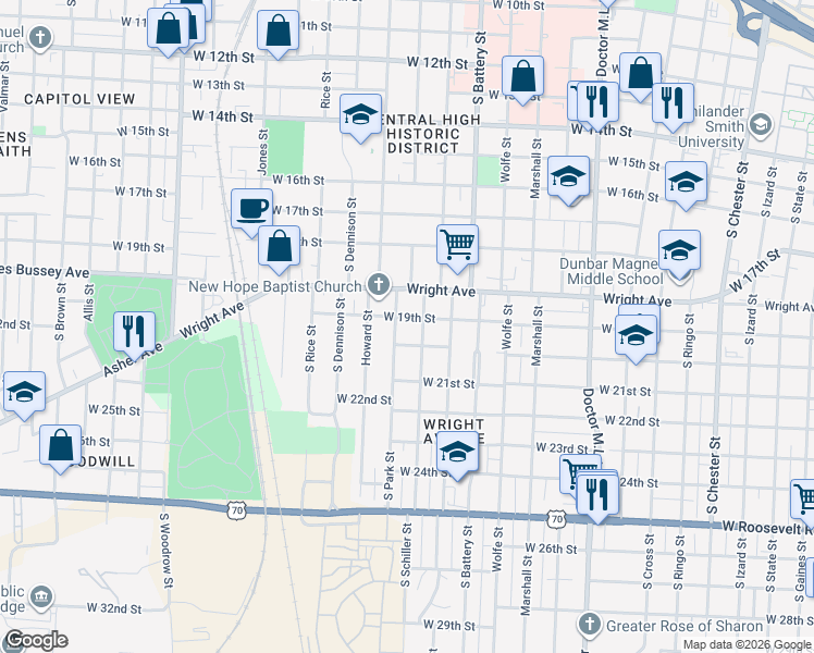 map of restaurants, bars, coffee shops, grocery stores, and more near 1916 South Schiller Street in Little Rock