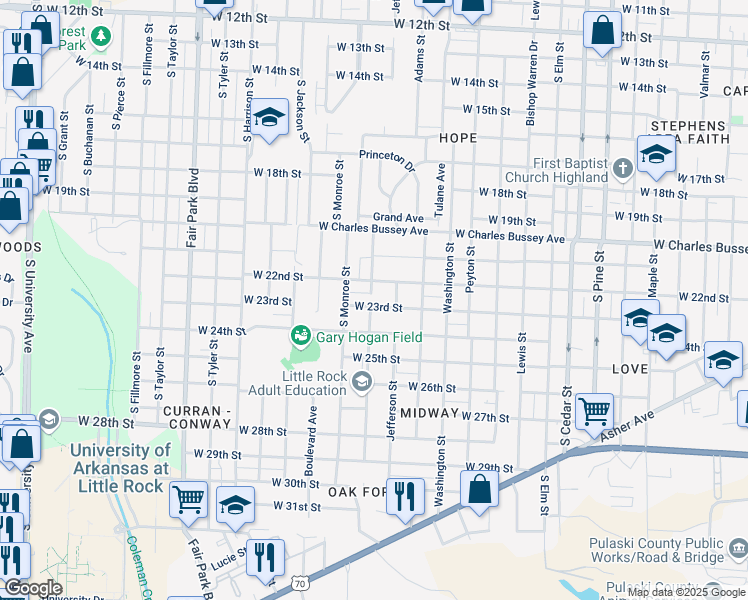map of restaurants, bars, coffee shops, grocery stores, and more near 4716 West 23rd Street in Little Rock
