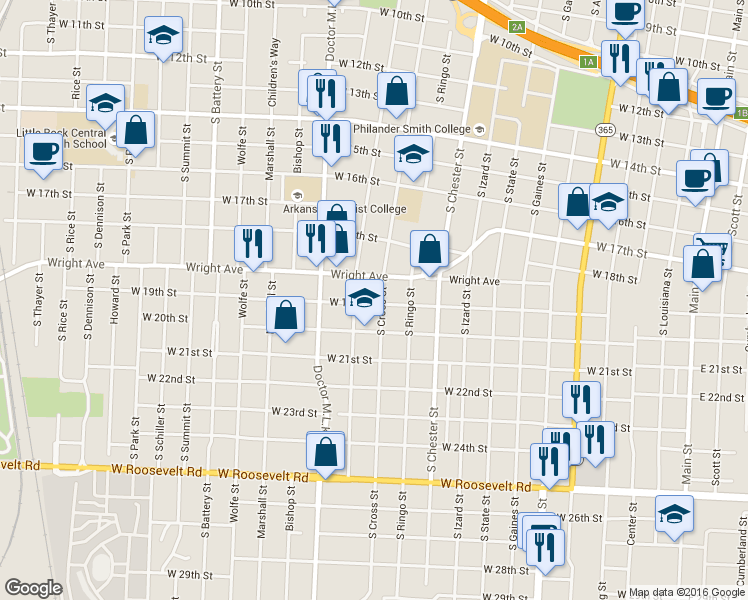 map of restaurants, bars, coffee shops, grocery stores, and more near 1872 South Cross Street in Little Rock