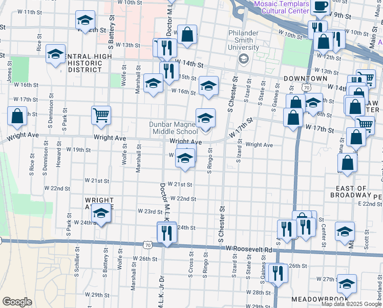 map of restaurants, bars, coffee shops, grocery stores, and more near 1872 South Cross Street in Little Rock