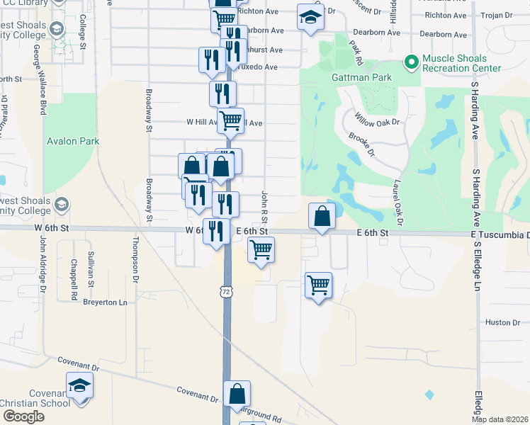 map of restaurants, bars, coffee shops, grocery stores, and more near 700 Candler Avenue in Muscle Shoals