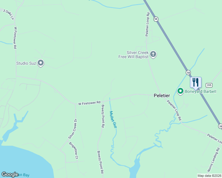 map of restaurants, bars, coffee shops, grocery stores, and more near Silver Lake Court in Swansboro