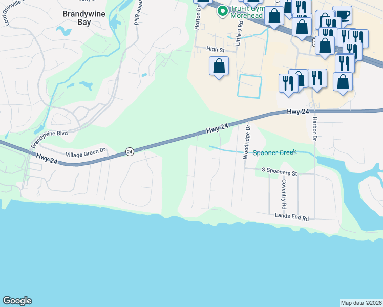 map of restaurants, bars, coffee shops, grocery stores, and more near 100-210 Glenn Abby Drive in Morehead City