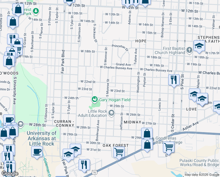map of restaurants, bars, coffee shops, grocery stores, and more near 4820 W 23rd St in Little Rock
