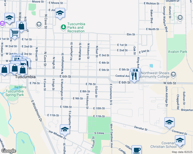 map of restaurants, bars, coffee shops, grocery stores, and more near 200 South East Street in Tuscumbia