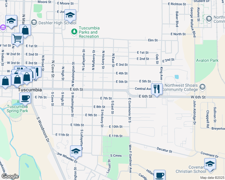 map of restaurants, bars, coffee shops, grocery stores, and more near 200 South East Street in Tuscumbia