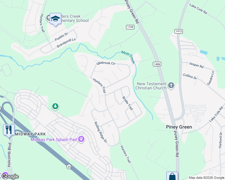 map of restaurants, bars, coffee shops, grocery stores, and more near 2407 Saddleridge Drive in Piney Green