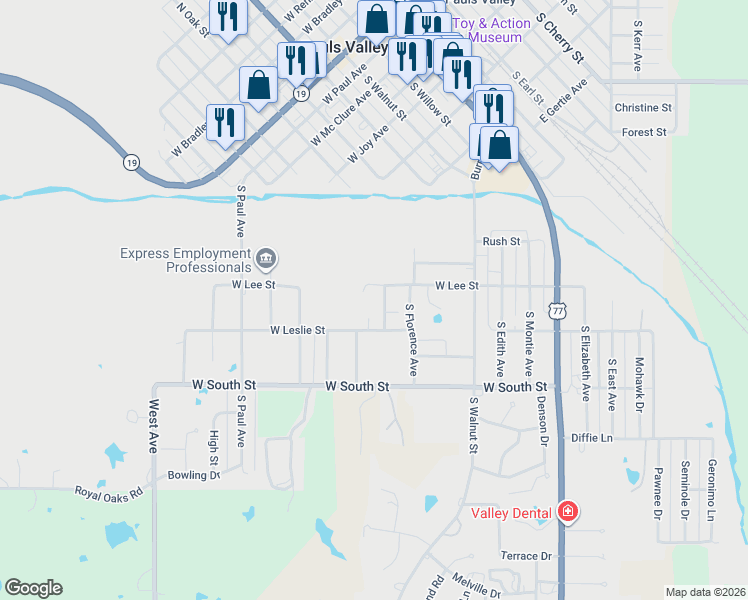 map of restaurants, bars, coffee shops, grocery stores, and more near 321 South Bertha Avenue in Pauls Valley