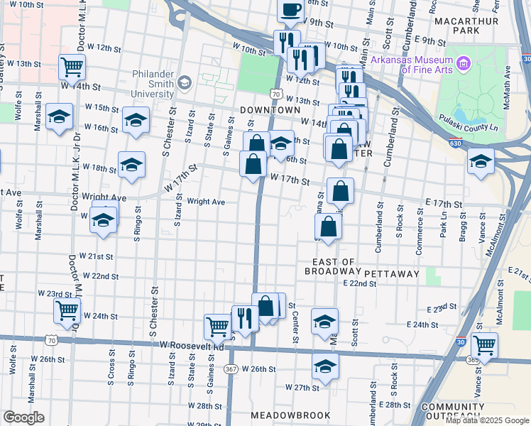 map of restaurants, bars, coffee shops, grocery stores, and more near 1821 Broadway Street in Little Rock