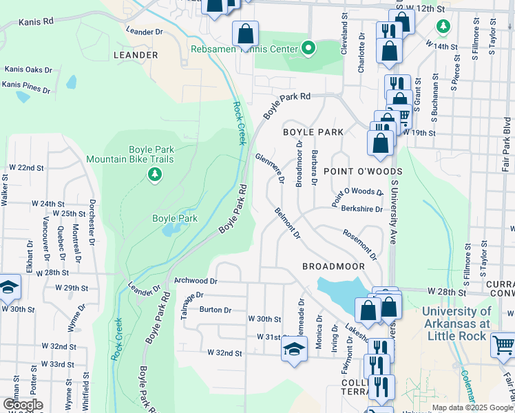 map of restaurants, bars, coffee shops, grocery stores, and more near 2305 Ridge Park Drive in Little Rock