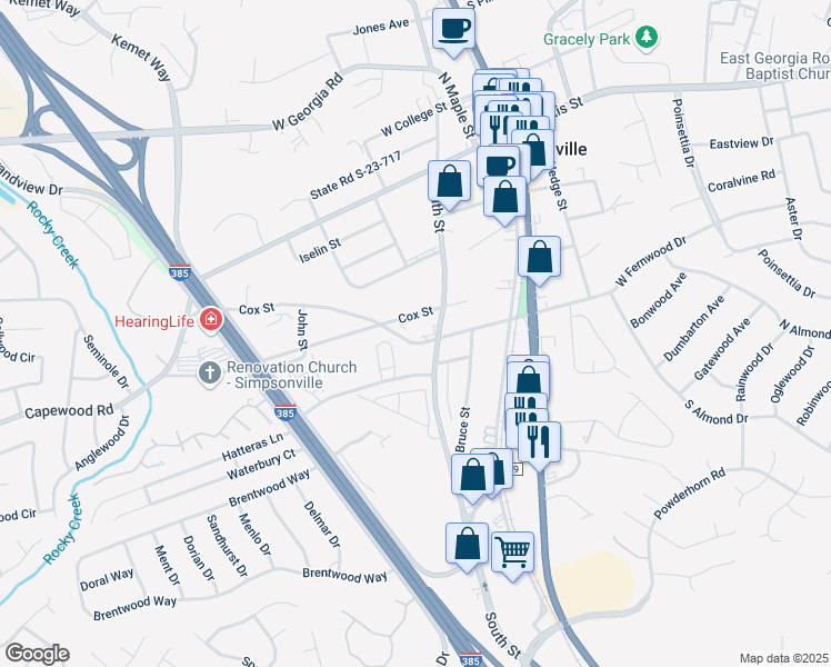 map of restaurants, bars, coffee shops, grocery stores, and more near 410 Richardson Street in Simpsonville