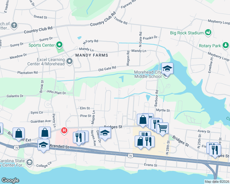 map of restaurants, bars, coffee shops, grocery stores, and more near 413 Commerce Avenue in Morehead City