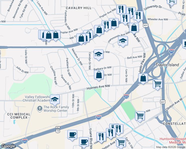 map of restaurants, bars, coffee shops, grocery stores, and more near 2817 Union Drive Northwest in Huntsville