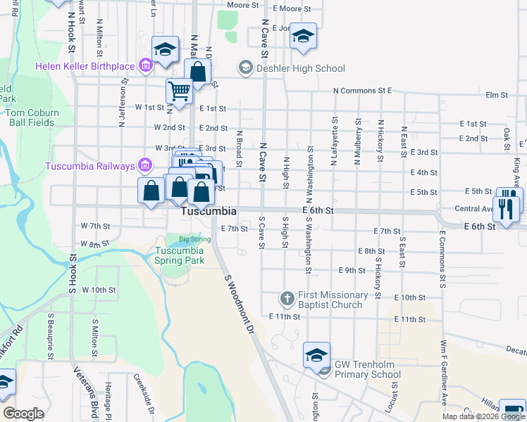 map of restaurants, bars, coffee shops, grocery stores, and more near 201-299 S Cave St in Tuscumbia