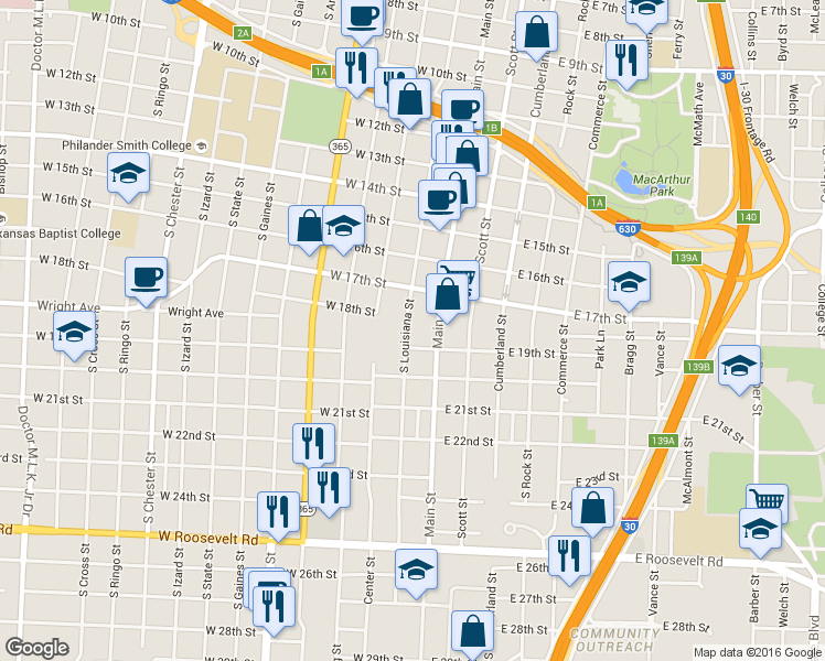 map of restaurants, bars, coffee shops, grocery stores, and more near 1820 Main Street in Little Rock