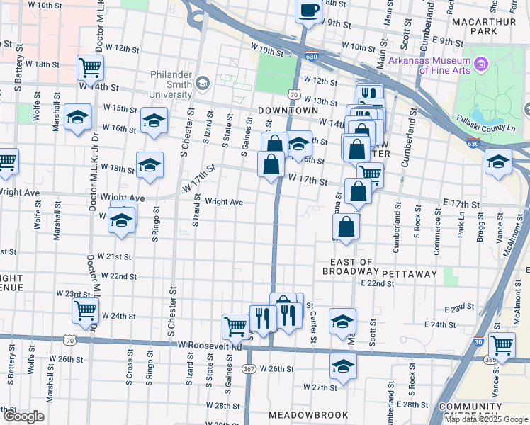 map of restaurants, bars, coffee shops, grocery stores, and more near 1821 Broadway Street in Little Rock