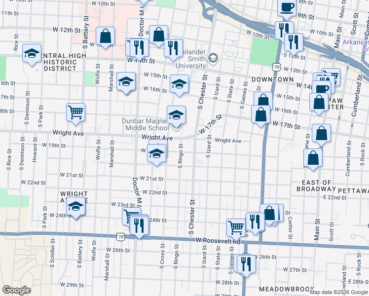 map of restaurants, bars, coffee shops, grocery stores, and more near 1870 South Ringo Street in Little Rock