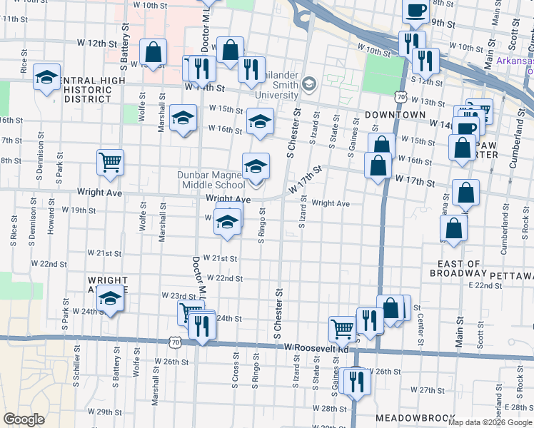 map of restaurants, bars, coffee shops, grocery stores, and more near 1870 South Ringo Street in Little Rock