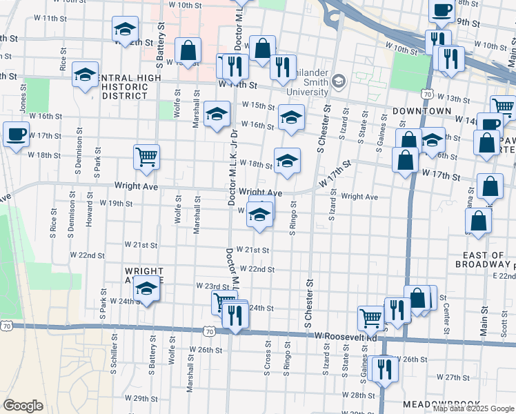 map of restaurants, bars, coffee shops, grocery stores, and more near 1214 West 19th Street in Little Rock