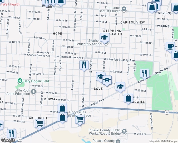 map of restaurants, bars, coffee shops, grocery stores, and more near 2210 South Pine Street in Little Rock