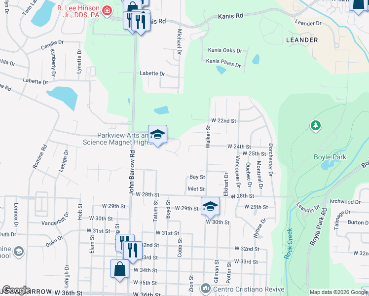 map of restaurants, bars, coffee shops, grocery stores, and more near 2402 Covenant Cove in Little Rock