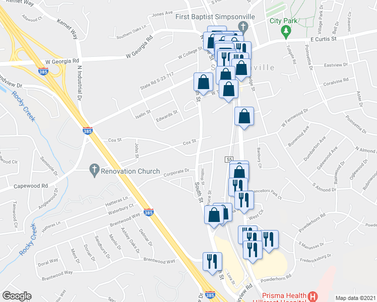 map of restaurants, bars, coffee shops, grocery stores, and more near 410 Richardson Street in Simpsonville