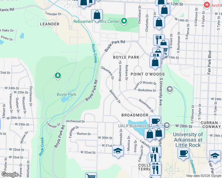 map of restaurants, bars, coffee shops, grocery stores, and more near 45 Glenmere Drive in Little Rock