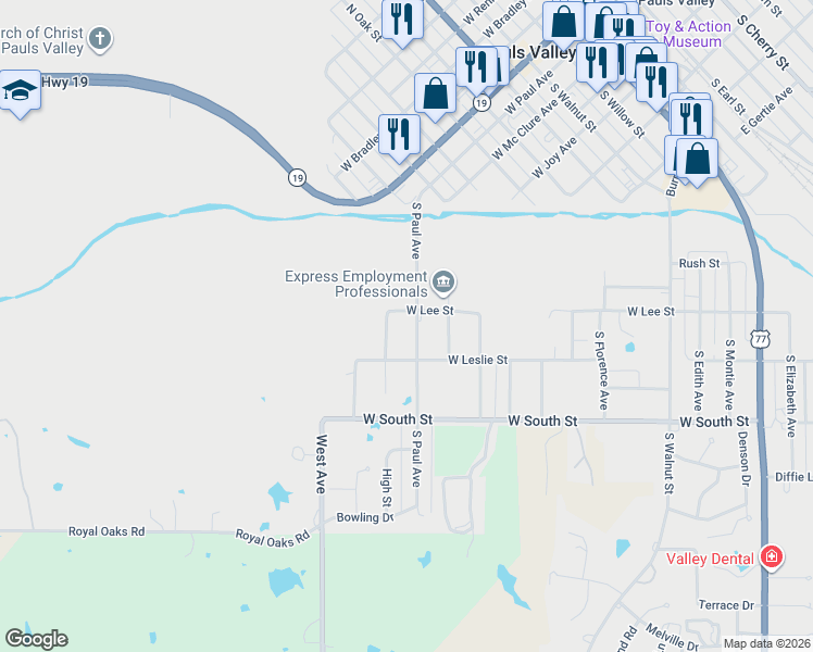 map of restaurants, bars, coffee shops, grocery stores, and more near 325 South Paul Avenue in Pauls Valley