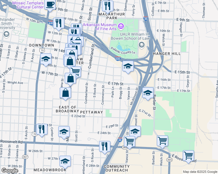 map of restaurants, bars, coffee shops, grocery stores, and more near 514 East 18th Street in Little Rock