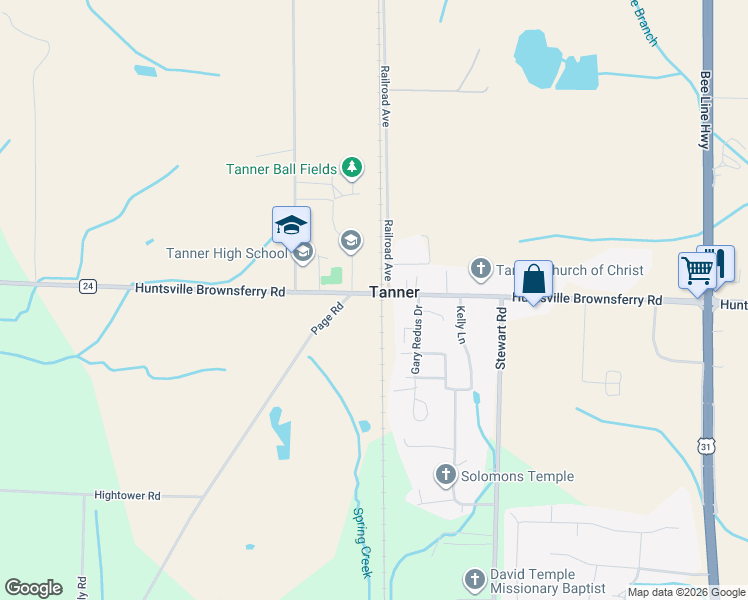 map of restaurants, bars, coffee shops, grocery stores, and more near 19664 Huntsville Brownsferry Road in Tanner