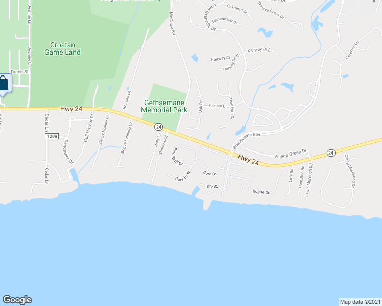 map of restaurants, bars, coffee shops, grocery stores, and more near 103 Pine Bluff Drive in Morehead City