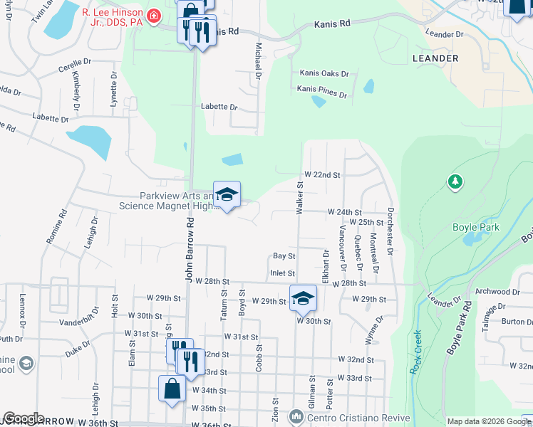 map of restaurants, bars, coffee shops, grocery stores, and more near 2402 Covenant Cove in Little Rock