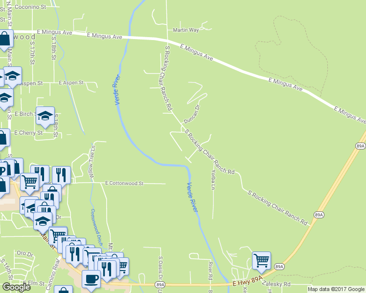 map of restaurants, bars, coffee shops, grocery stores, and more near 455 Happy Trail in Cottonwood