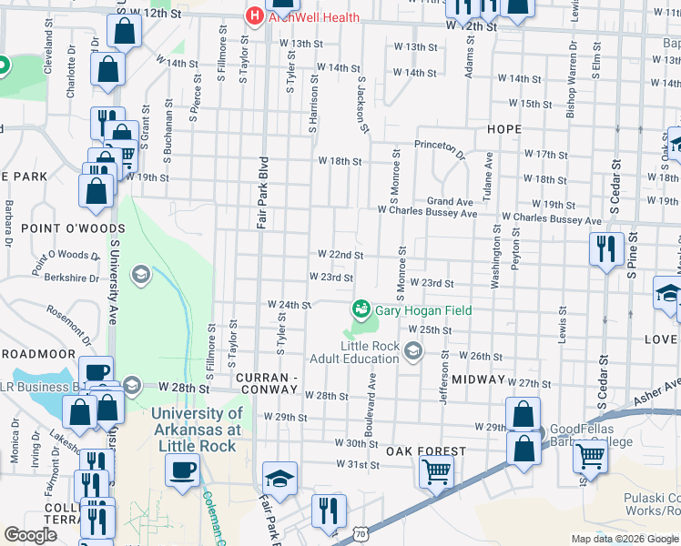 map of restaurants, bars, coffee shops, grocery stores, and more near 5108 West 23rd Street in Little Rock