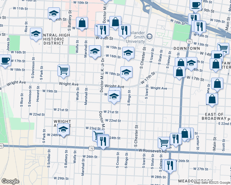 map of restaurants, bars, coffee shops, grocery stores, and more near 1214 West 19th Street in Little Rock