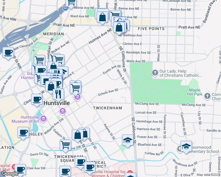 map of restaurants, bars, coffee shops, grocery stores, and more near 420 Echols Avenue Southeast in Huntsville