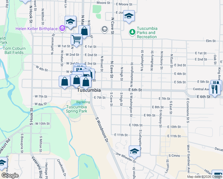 map of restaurants, bars, coffee shops, grocery stores, and more near 201 South Cave Street in Tuscumbia