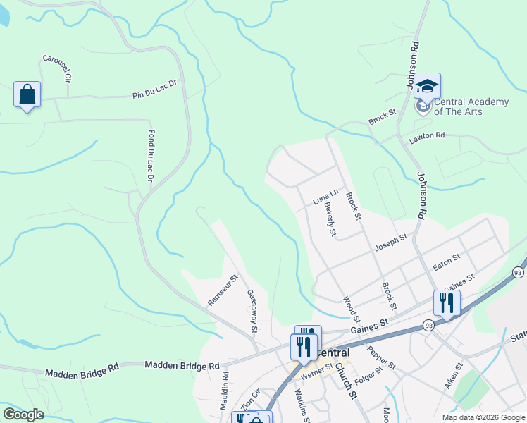 map of restaurants, bars, coffee shops, grocery stores, and more near 307 Mountain View Drive in Central