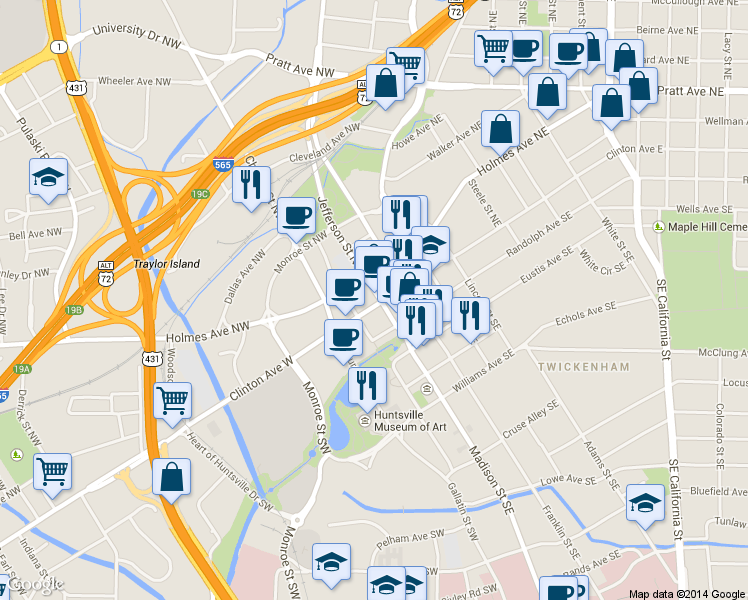 map of restaurants, bars, coffee shops, grocery stores, and more near in Huntsville