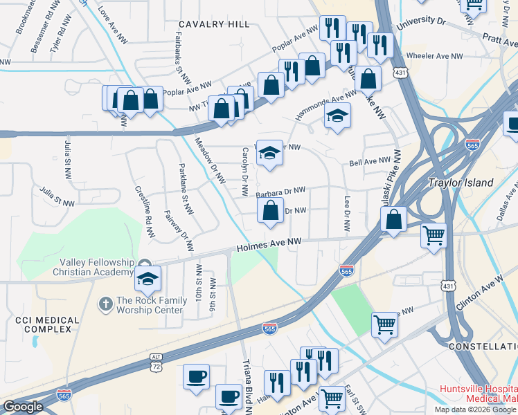 map of restaurants, bars, coffee shops, grocery stores, and more near 2817 Union Drive Northwest in Huntsville