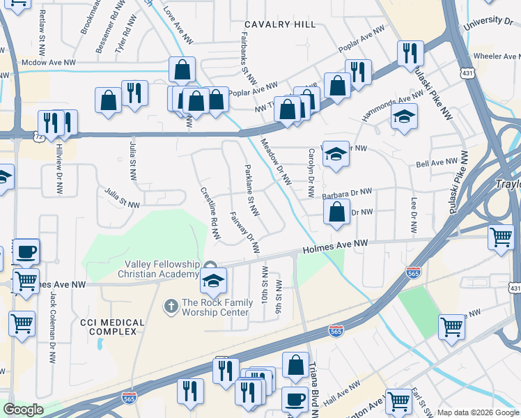 map of restaurants, bars, coffee shops, grocery stores, and more near 913 Parklane Street Northwest in Huntsville