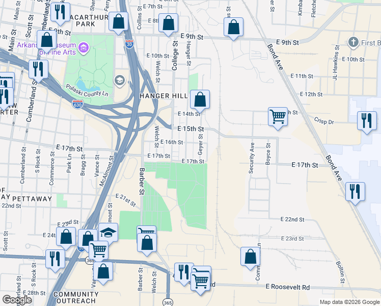 map of restaurants, bars, coffee shops, grocery stores, and more near 1624 Hanger Street in Little Rock