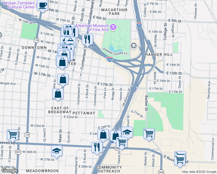 map of restaurants, bars, coffee shops, grocery stores, and more near 1800 Bragg Street in Little Rock