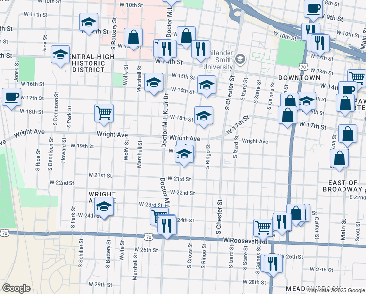 map of restaurants, bars, coffee shops, grocery stores, and more near 1214 West 19th Street in Little Rock