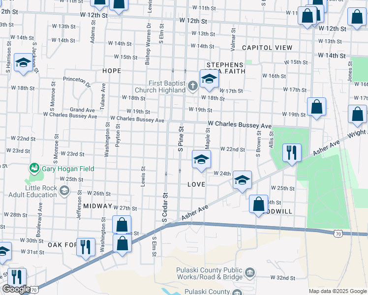 map of restaurants, bars, coffee shops, grocery stores, and more near 2210 South Pine Street in Little Rock