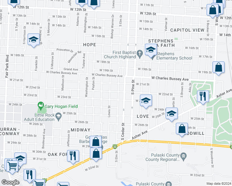 map of restaurants, bars, coffee shops, grocery stores, and more near 2210 South Cedar Street in Little Rock