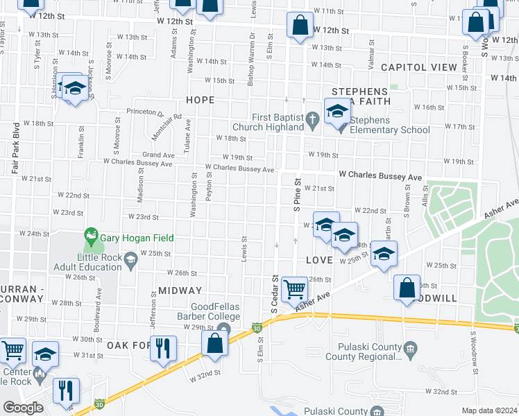 map of restaurants, bars, coffee shops, grocery stores, and more near 2210 South Cedar Street in Little Rock
