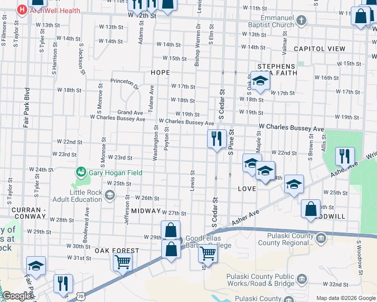 map of restaurants, bars, coffee shops, grocery stores, and more near 4124 West 23rd Street in Little Rock
