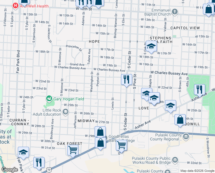 map of restaurants, bars, coffee shops, grocery stores, and more near 4300 West 23rd Street in Little Rock
