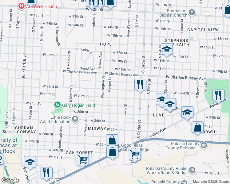 map of restaurants, bars, coffee shops, grocery stores, and more near 4300 West 23rd Street in Little Rock